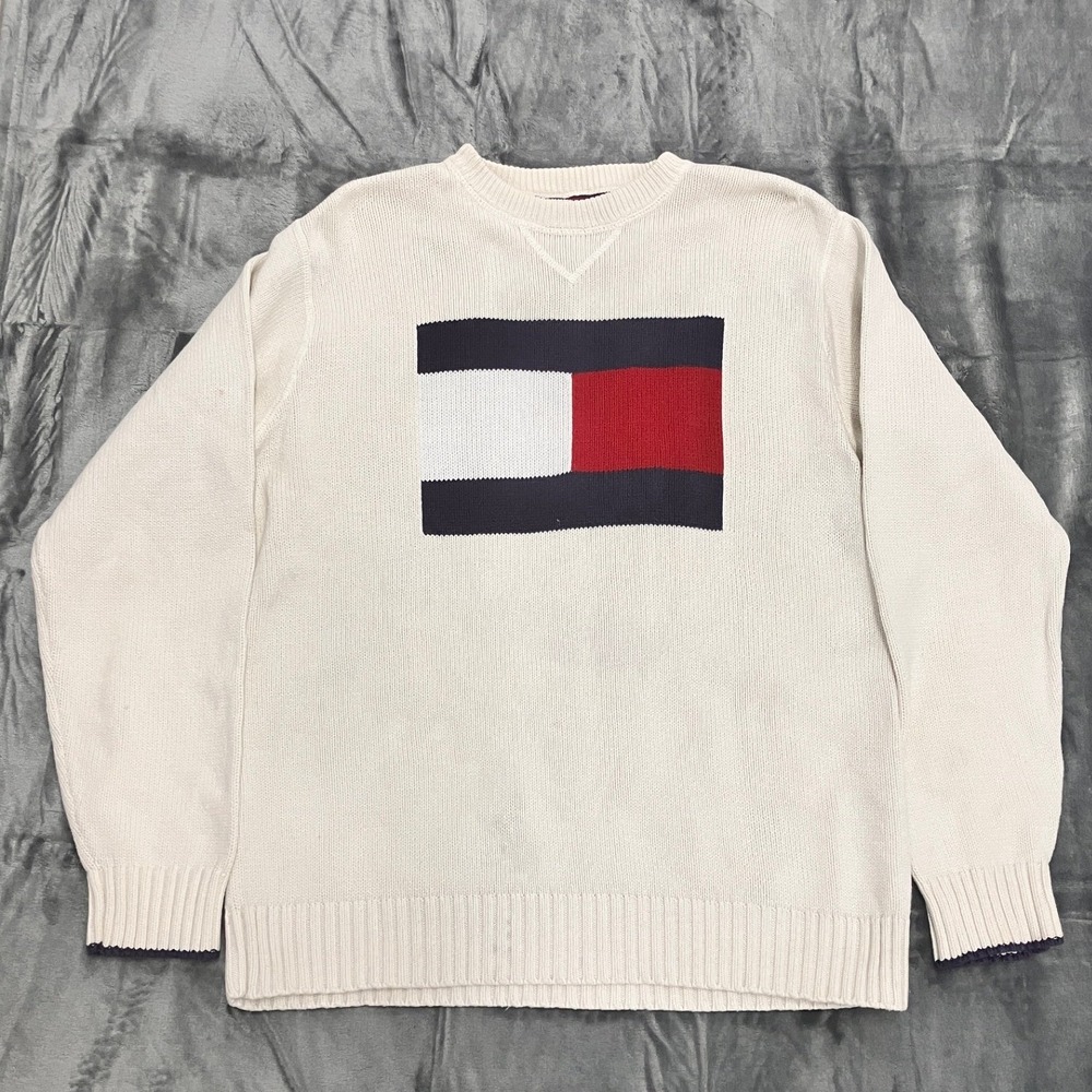 Tommy Hilfiger Mens Cream Cotton Flag Logo Knit Sweater Vintage 90s Small